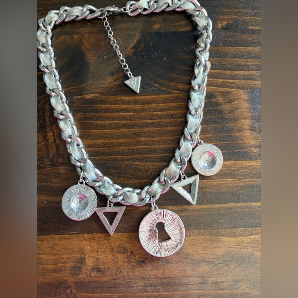 Guess Silver Tone Necklace with Chunky Charm Pendants and Chain with Ribbon 16” - Picture 3 of 12
